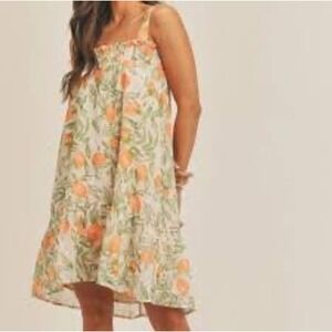 Sadie & Sage Lemon Garden Print Smocked Mini Dress Orange Green‎ Womens Small